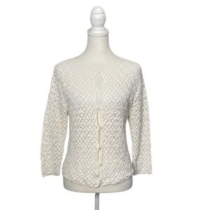 Eddie Bauer Linen Cotton Crochet Cardigan Boho Open Knit Ivory Button Front L